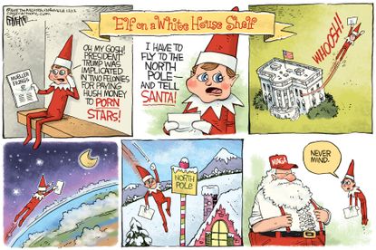 Political cartoon U.S. elf on a shelf Christmas White House Trump hush money Santa MAGA