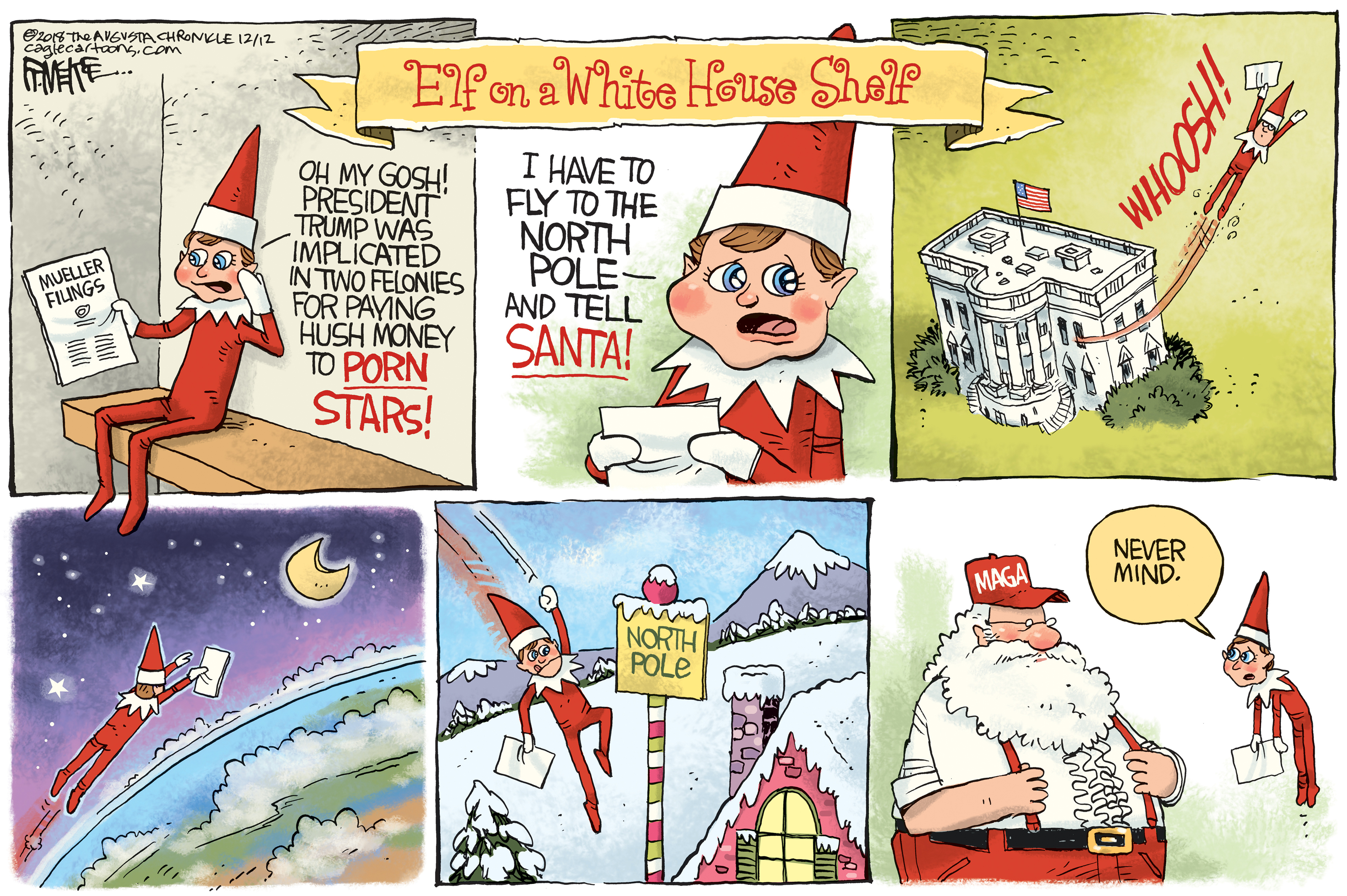 Political cartoon U.S. elf on a shelf Christmas White House Trump hush  money Santa MAGA | The Week