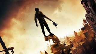 Dying Light 2 - a character stands atop a statue with a crude axe