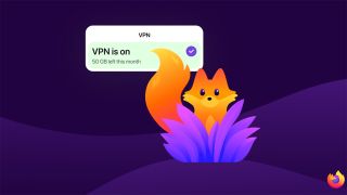 Orange Firefox fox on a purple background with "VPN is on" notification 
