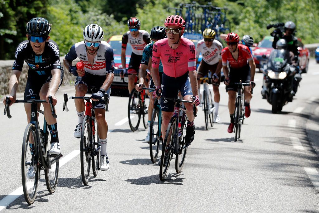 LE SAPPEYENCHARTREUSE FRANCE JUNE 04 Julien Bernard of France and Team Trek Segafredo Lawson Craddock of United States and Team EF Education Nippo in breakaway during the 73rd Critrium du Dauphin 2021 Stage 6 a 1672km stage from LoriolsurDrome to Le SappeyenChartreuse 1003m UCIworldtour Dauphin dauphine on June 04 2021 in Le SappeyenChartreuse France Photo by Bas CzerwinskiGetty Images