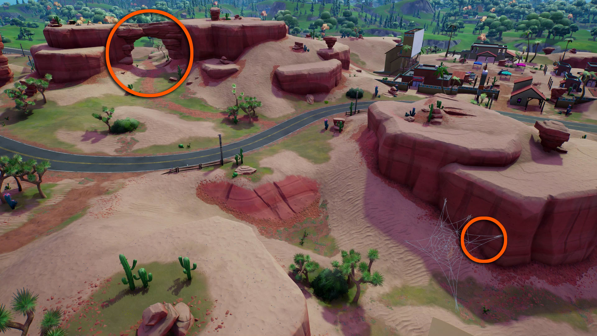Swing under an arch at Desert Arch, Big Bridge, or Covered Bridge in Fortnite