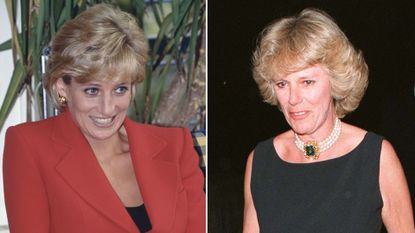 Princess Diana laughs while wearing a red two-piece suit by Catherine Walker while visiting London Lighthouse for people affected by HIV and AIDS on October 8, 1996, and Camilla Parker Bowles wears a black sleeveless dress with a pearl necklace