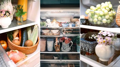 Three pictures of fridgescaping fridges - one close-up with fresh vegetables in a woven basket, one with shelves filled with bowls and vases, and one with fresh fruit on shelves