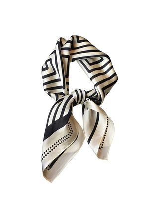 Jerla 100% Pure Mulberry Silk Square Scarf for Hair-26''x26'' Women Men Natural Silk Neckerchief Headscarf (cream White and Black Geometry Stripe)