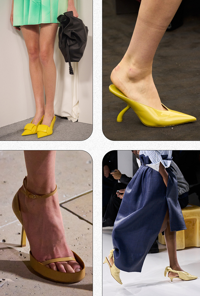 Heel color trends for 2026 are shown in a collage of runway and street-style images, featuring bright-yellow heels. On the top right, a photo depicts a model standing backstage at Loewe's spring show wearing a green mini dress, a black clutch bag, and yellow pointed kitten heels. On the right, a close photo from Ferragamo's spring show depicts a model's foot walking down the runway wearing banana-yellow pointed heeled mules. On the bottom right, a cropped photo shows a model walking in Bottega Veneta's show wearing a blue striped button-down shirt with a navy blue woven leather skirt styled with bright butter yellow pointed kitten heels. On the bottom left, a close-up photo from Victoria Beckham's spring runway show depicts a model's foot wearing mustard yellow ankle-strap sandals.