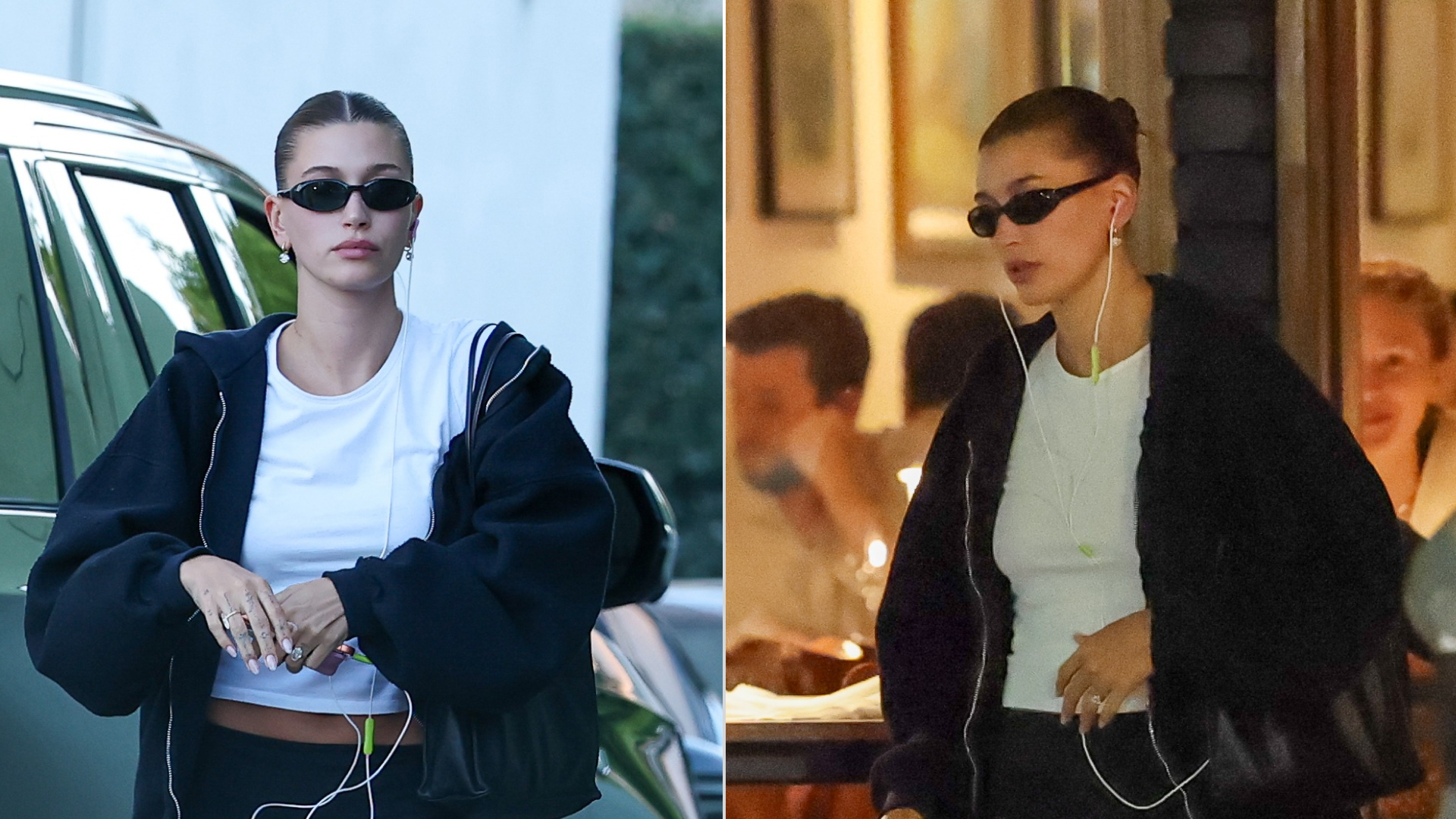 Hailey Bieber wearing chunky black sneakers with sporty yoga pants and a white T-shirt