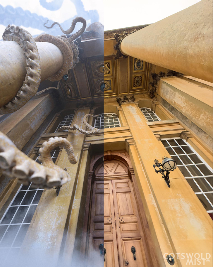 Cotswold Mist; before and after images showing tentacles wrapping around the pillars and door to an English manor house