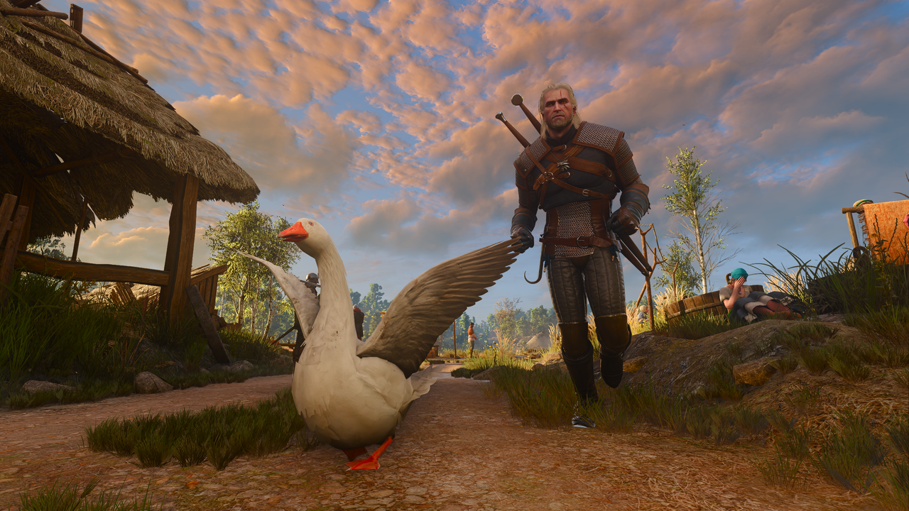 Geralt pursues a goose.