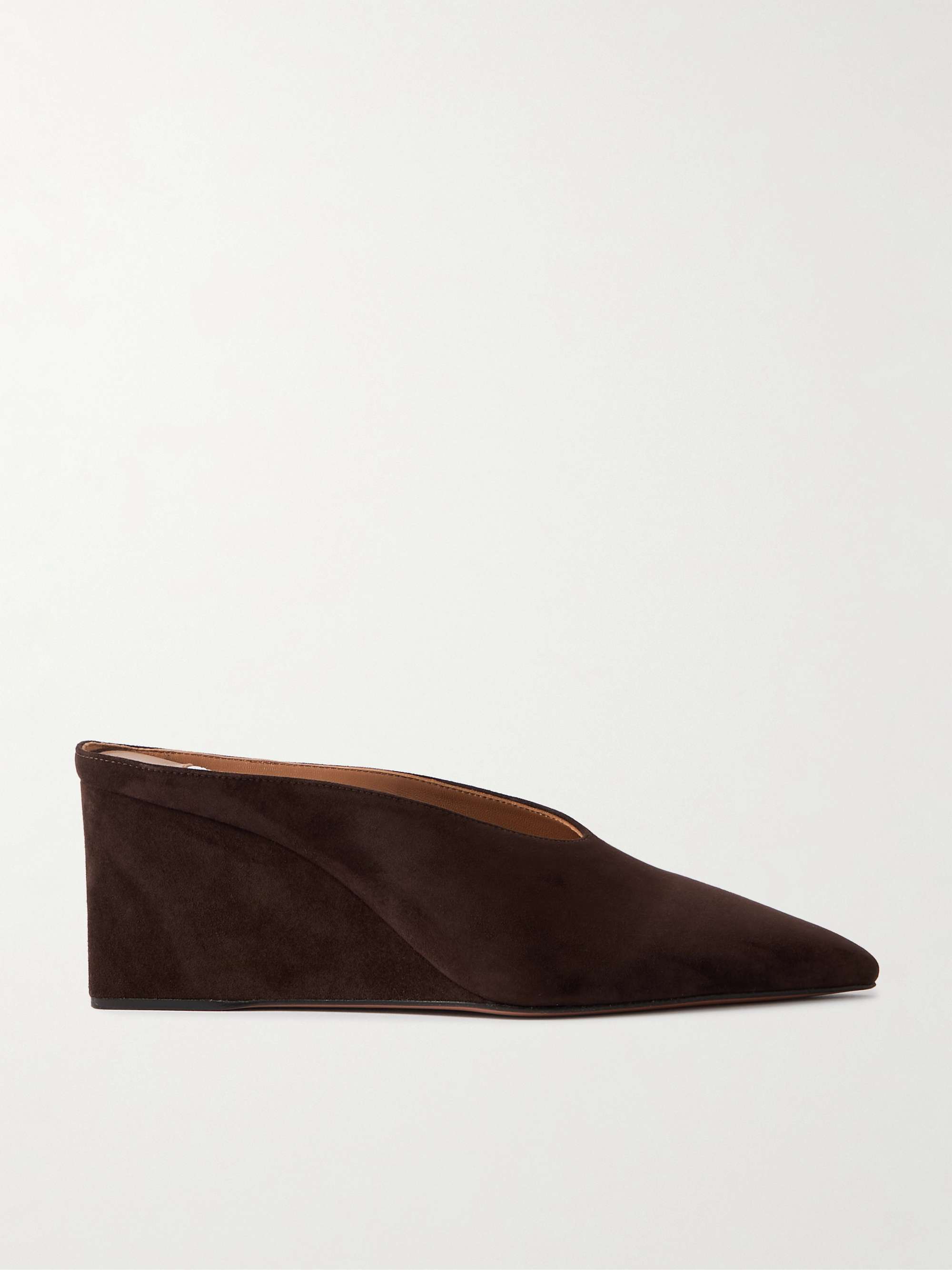 75 Suede Point-Toe Wedge Mules