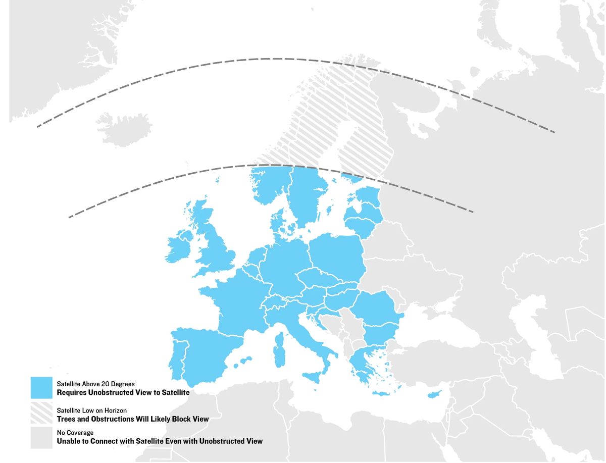 A map showing the Garmin InReach satellite and cellular coverage areas for the Garmin Fenix 8 Pro in Europe.