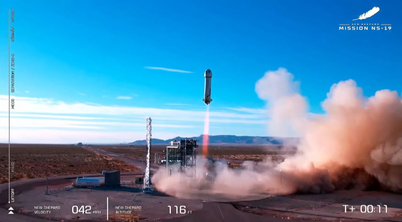 Blue Origin's New Shepard rocket and crew capsule launch the NS-19 space tourism flight with Good Morning America co-anchor Michael Strahan, Laura Shepard Churchley, Dylan Taylor, Evan Dick and Lane and Cameron Bess on board on Dec. 11, 2021 near Van Horn, Texas.