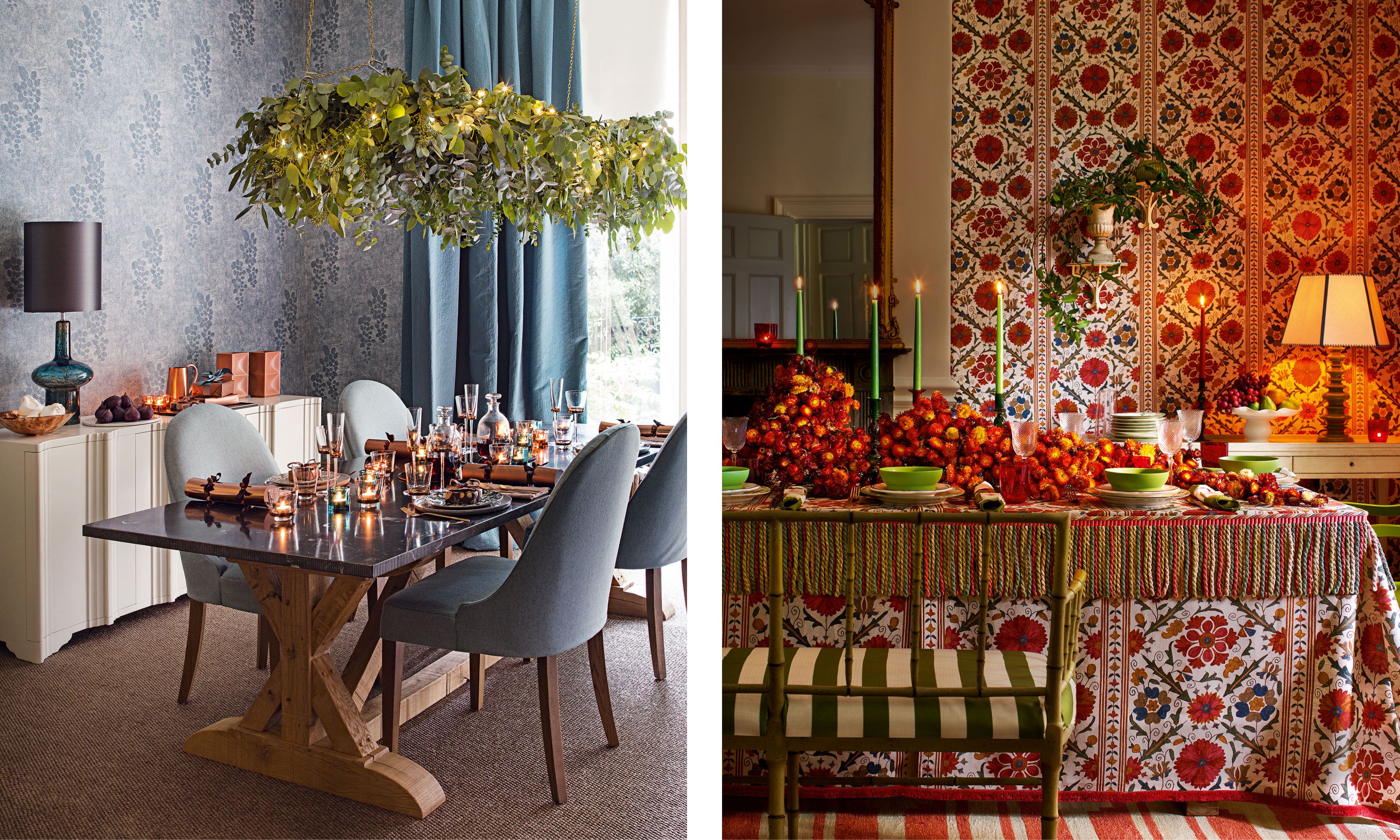 A split image contrasting two dining room styles: the left is a modern rustic room with a blue and grey palette, featuring a dark marble table, light upholstered chairs, and a large rectangular chandelier made of green foliage. The right is a maximalist room dominated by bold red and orange floral patterns on the wallpaper and tablecloth, with the table extravagantly decorated with colorful arrangements and a striped, fringed runner.