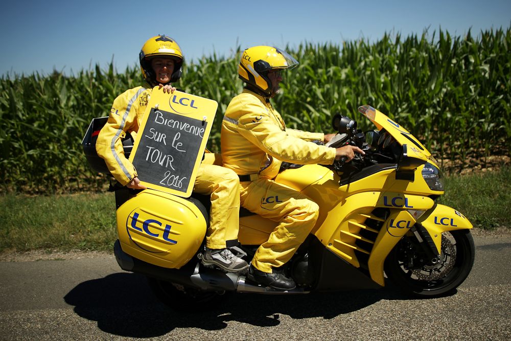 The Tour de France time board moto decked out in yellow