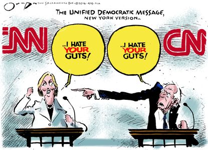 Political Cartoon U.S. Bernie Hillary New York 2016
