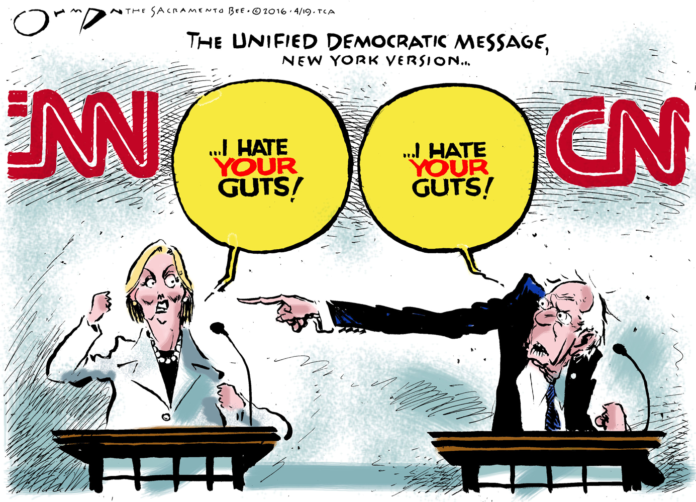 Political Cartoon U.S. Bernie Hillary New York 2016