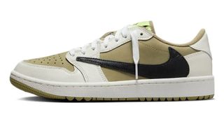 The Travis Scott x Air Jordan 1 Low OG Golf ‘Neutral Olive' Golf Shoes on a white background