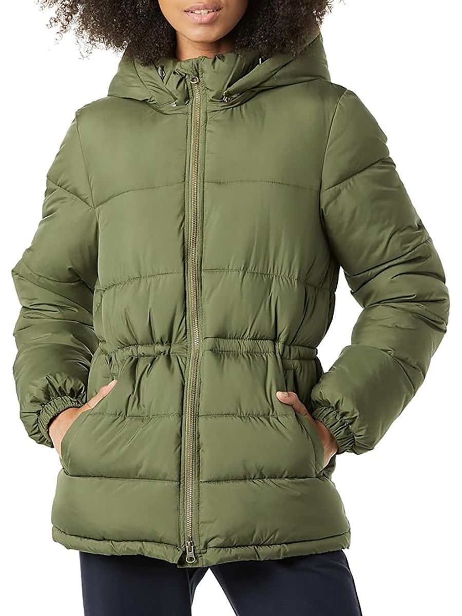 Amazon Essentials, Amazon Essentials Women's Heavyweight Quilted Hooded Puffer Winter Jacket With Adjustable Waist, Olive, Large