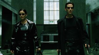 Scene from The Matrix showing Neo (Keanu Reeves) and Trinity (Carrie Anne Moss)