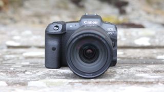 Best mirrorless camera Canon EOS R5 on a stone surface