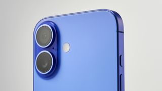 Close-up of a blue iPhone 16 smartphone showing dual camera lenses and a small sensor, against a light gradient background