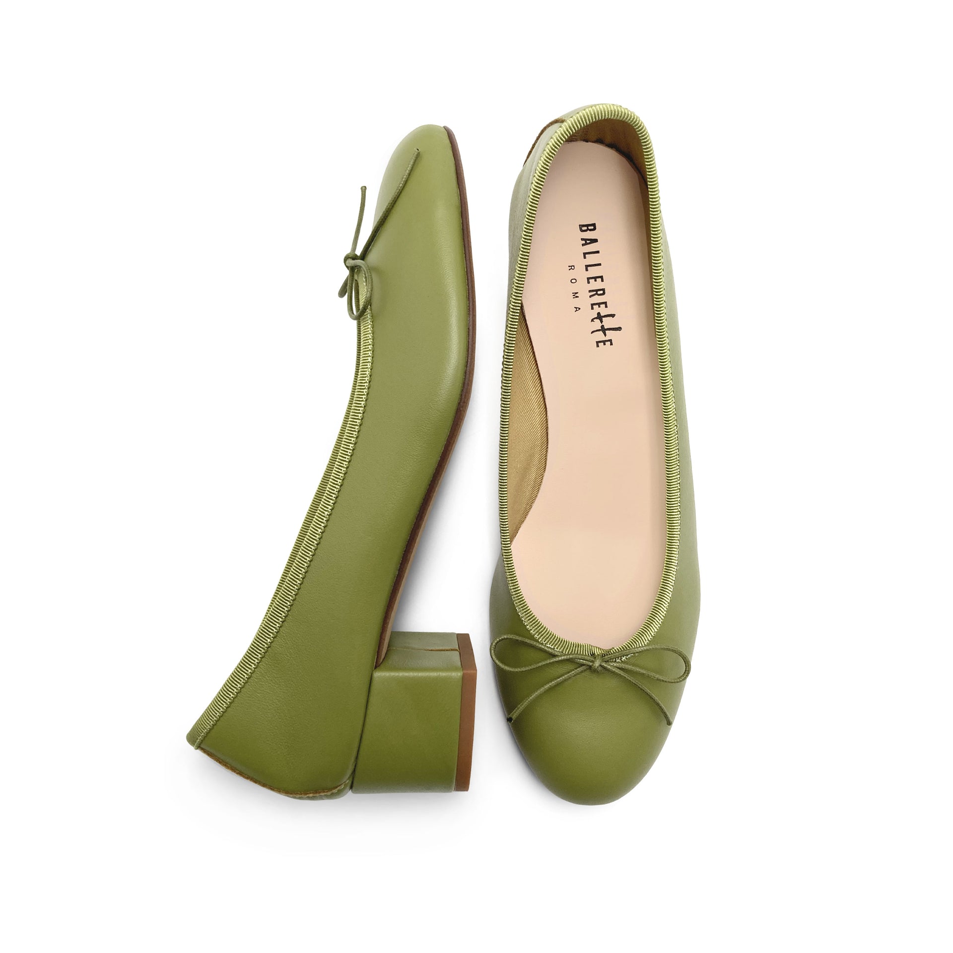 Olive Green Leather Ballet Flats With Heel - 36