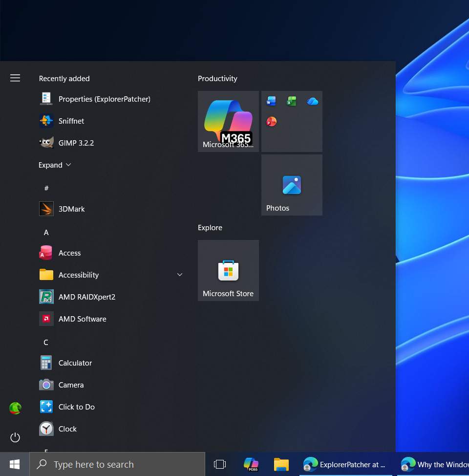 The Windows 11 Start menu modified to function like the old Windows 10 Start menu with ExplorerPatcher.