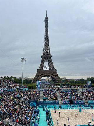 Eiffel Tower Stadium where beach volleyball is played during the Olympics.