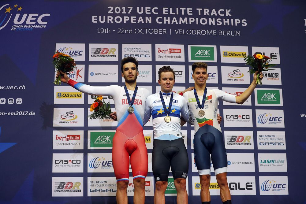 The men's elimination podium: Piskunov, Thijssen and Oliveira