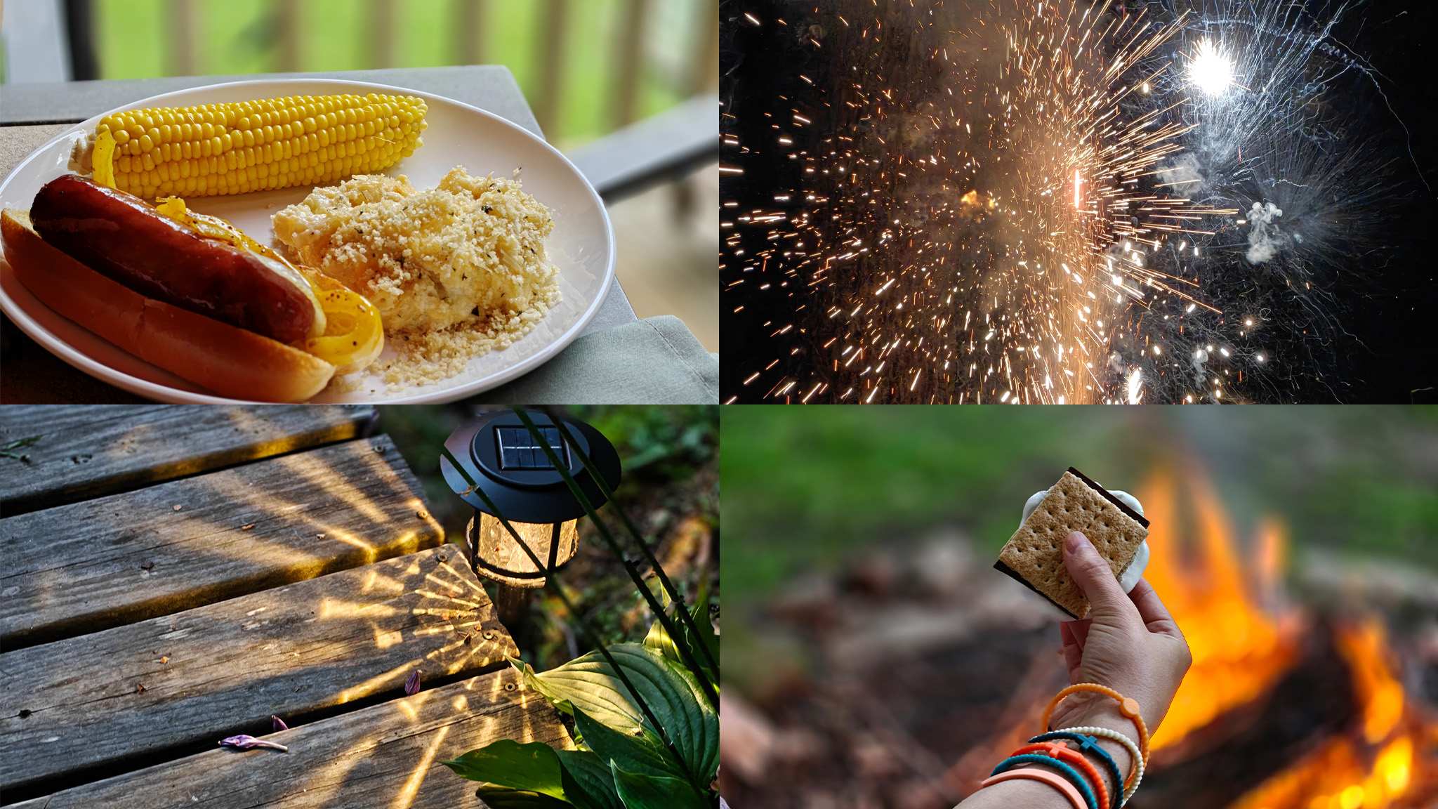 A montage of photos captured by the OnePlus 13 on July 4, capturing fireworks, food, and mood lighting