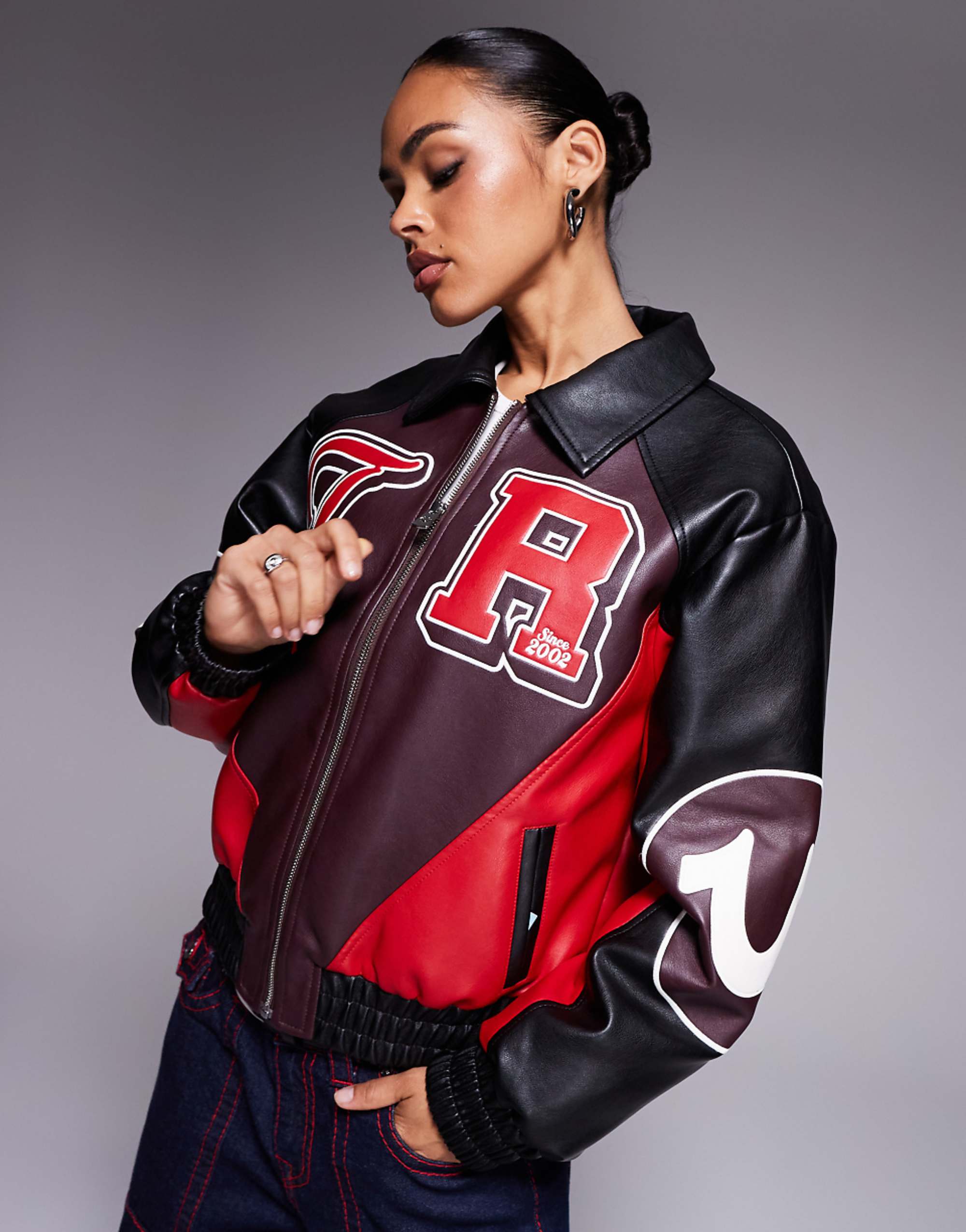 True Religion Leather Look Colour Block Logo Varsity Jacket in Multi