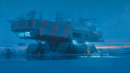 Digital concept art showing a large vehicle on an frozen landscape