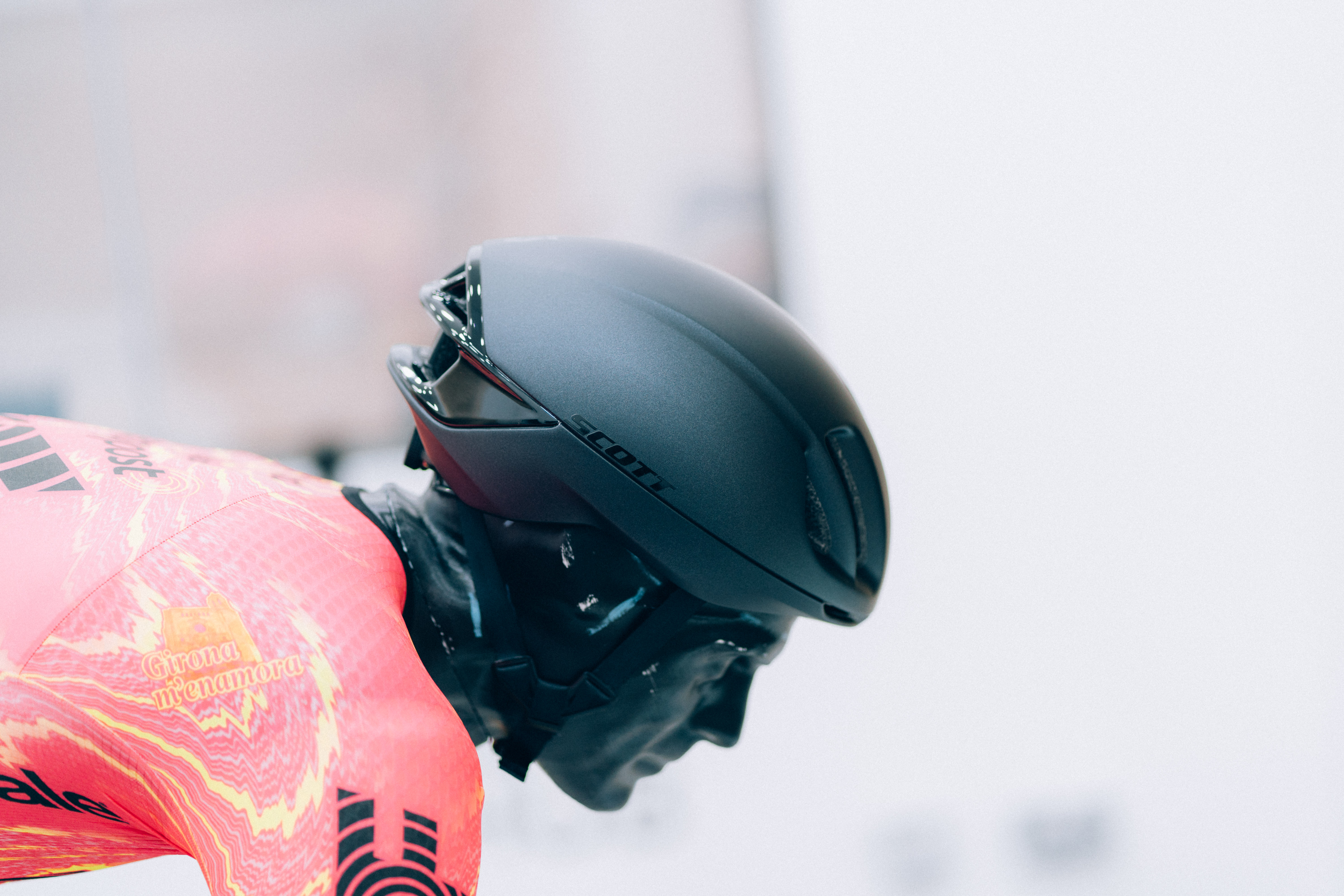A close up of helmets being tested in the wind tunnel