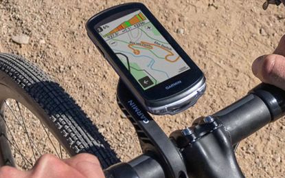 The Garmin Edge 1040 mounted on a gravel bike showing screen details