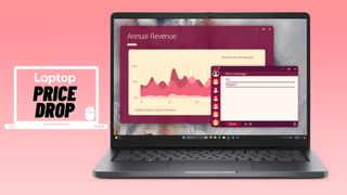 Magnetite gray Dell Pro 14 business laptop against a pink gradient background.