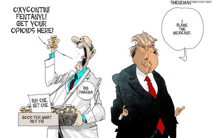 Political cartoon U.S. Trump drug dealer death penalty Mexico big pharmaceutical opioid epidemic