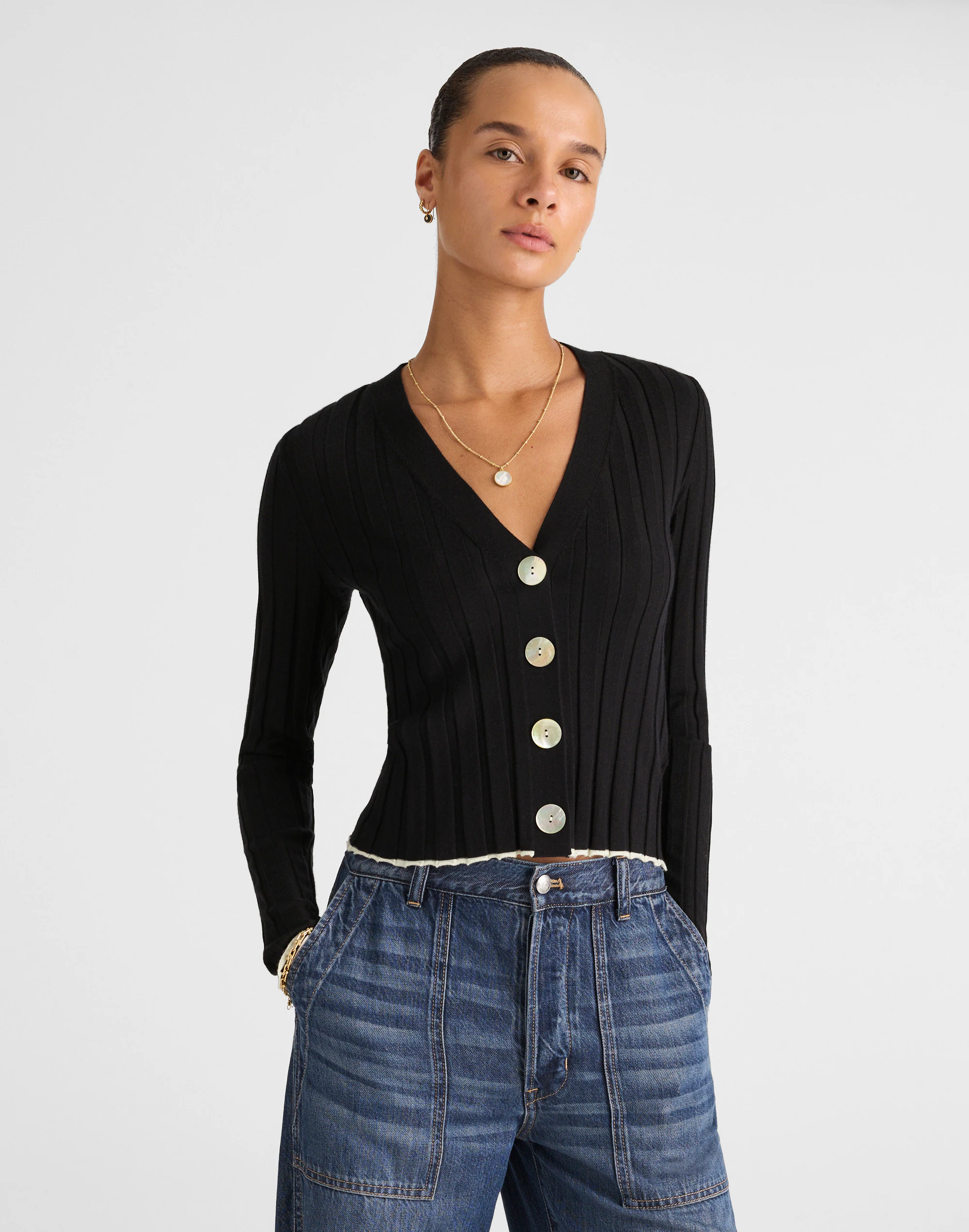 Tipped Ribbed V-Neck Cardigan