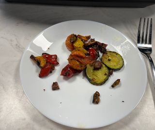 A close-up of Mediterranean vegetables cooked in the Ninja Foodi FlexBasket Air Fryer.