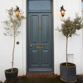 Blue front door with olive trees in pots and lantern-style wall lights either side of the door