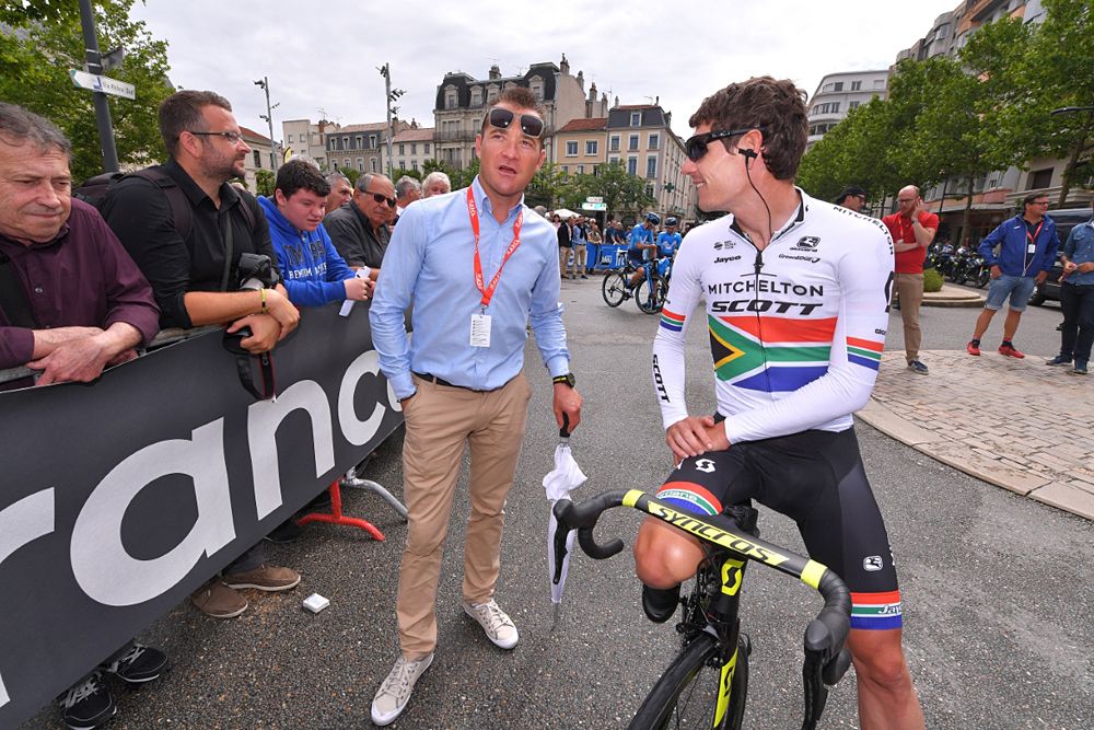 Thomas Voeckler and Daryl Impey (Mitchelton-Scott) at the start of stage 1 at the Criterium du Dauphine