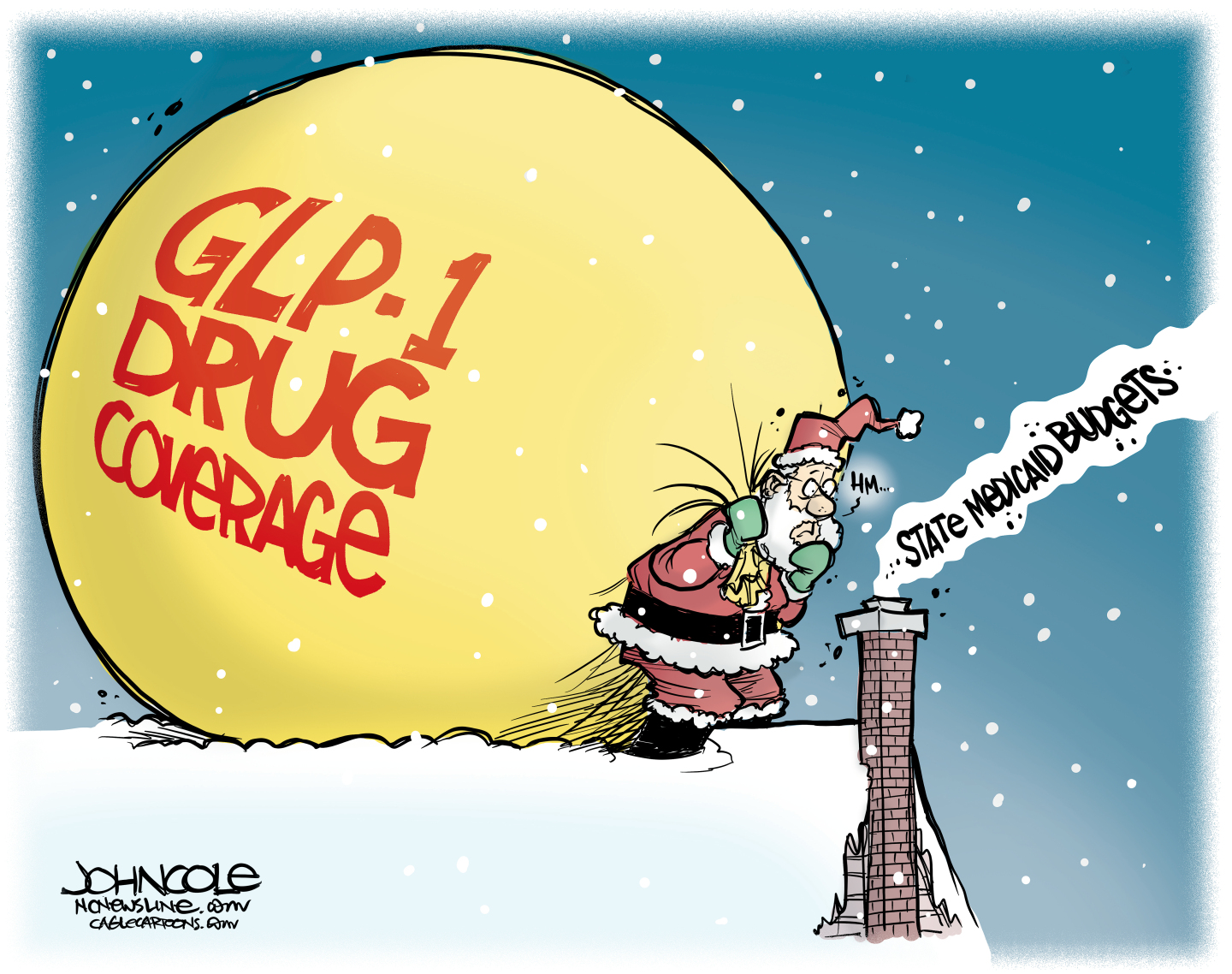 Santa is on top of a snow-covered roof. His bag is enormous and the words &amp;ldquo;GLP-1 Drug Coverage&amp;rdquo; are written on the site. Santa looks warily at a skinny chimney with the words &amp;ldquo;State Medicaid Budgets&amp;rdquo; rising out of it on smoke.
