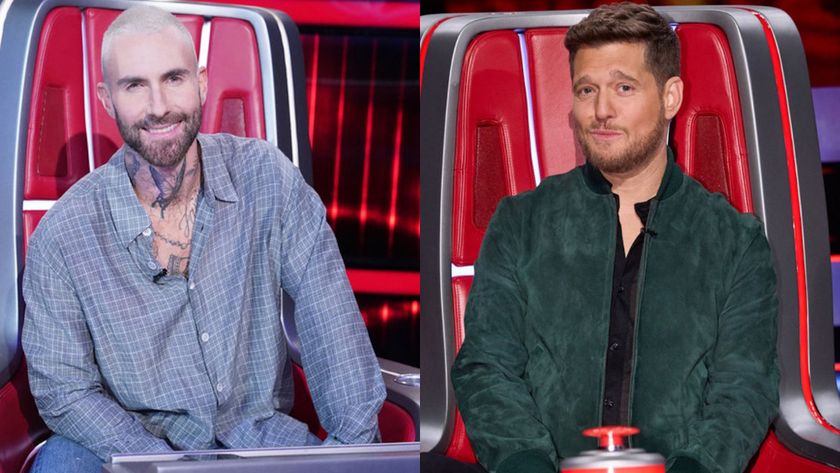 Adam Levine and Michael Buble are shown in side-by-side images sitting in their Big Red Chairs on The Voice.