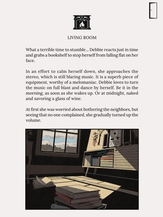 Your House indie game interview; a scene inside a living room, depicted in a comic book or graphic novel style, shows a woman named Debbie reacting to a near fall by grabbing a bookshelf. The room is furnished with bookshelves, a stereo, and a window. The setting appears to be in the afternoon or evening, illuminated by natural light