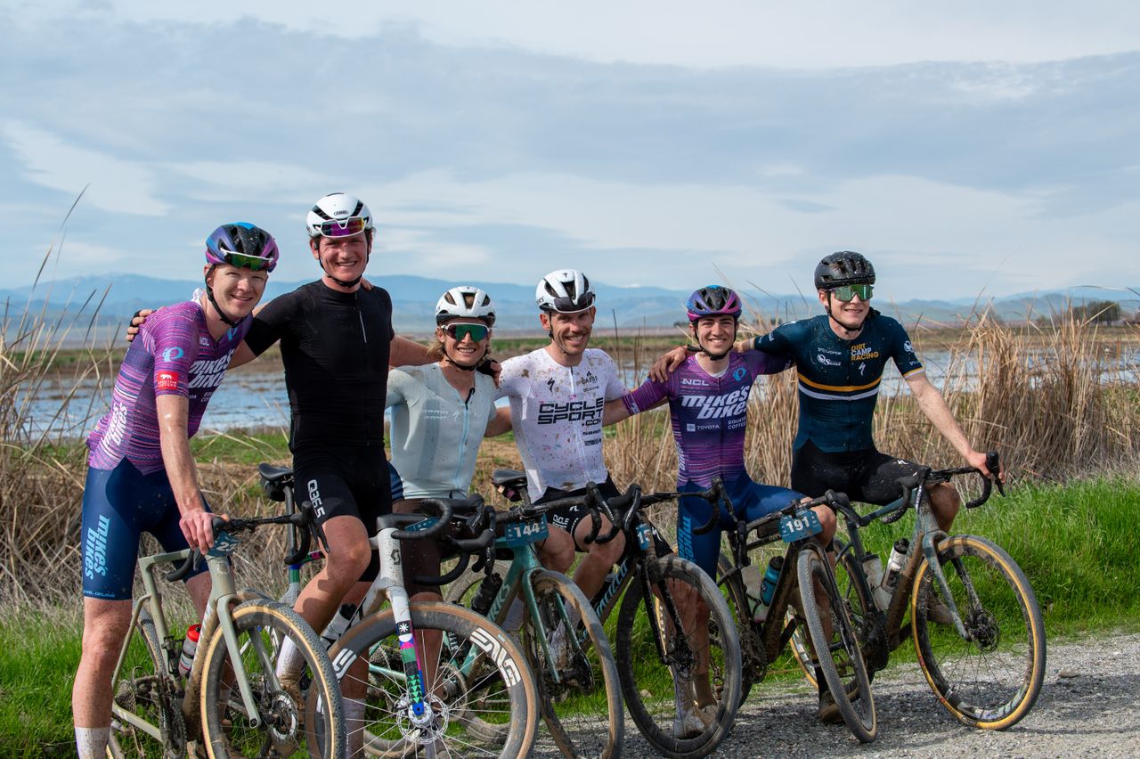 Top elite men's riders celebrate at end of 2025 Huffmaster Hopper, with stunning scenery in Maxwell, California as a backdrop