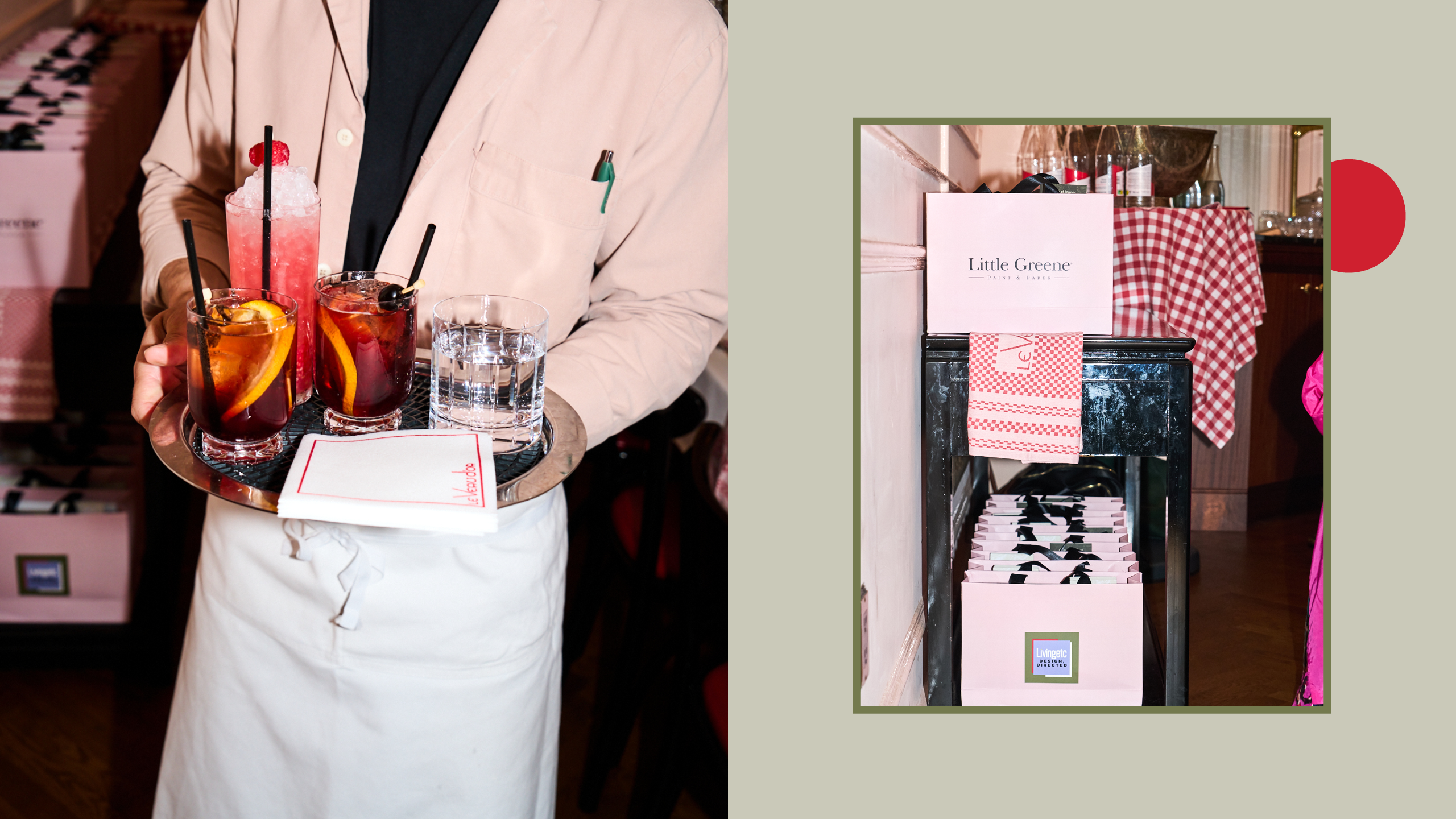 A composite of two pictures, one with a waiter holding drinks and the other with a stack of gift bags
