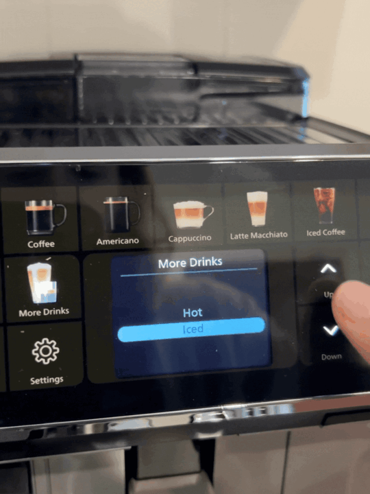 GIF of a finger scrolling through the different coffee types on a Philips fully automatic coffee machine.