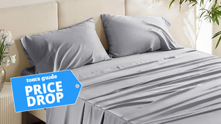 Bedsure grey bamboo bed sheets in a brightly lit bedroom