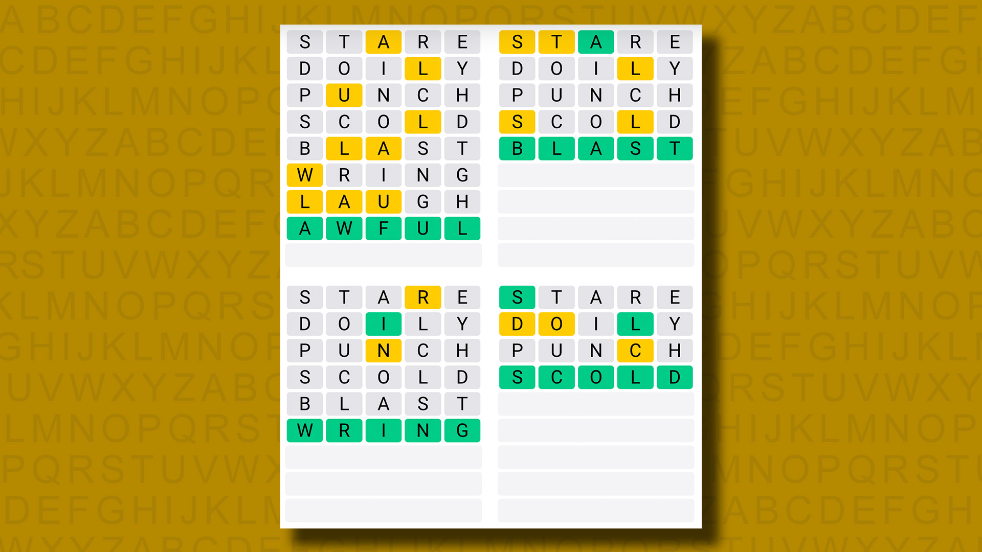 Quordle answers for game 925 on a yellow background