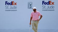 Scottie Scheffler waits on the green in front of a FedEx St. Jude Championship board