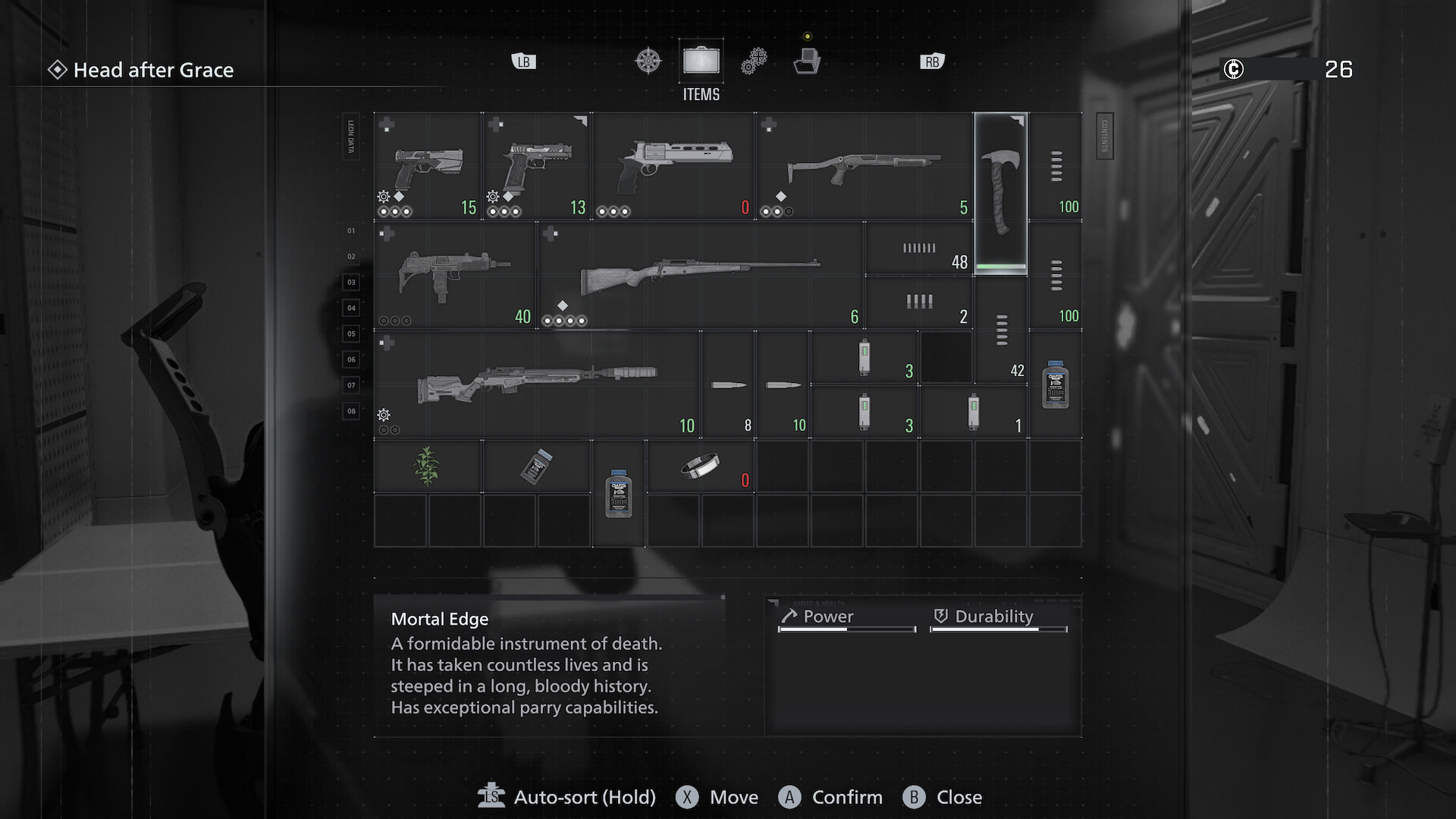 A screenshot of the inventory in Resident Evil Requiem, with an axe called Mortal Edge highlighted